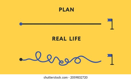 Expectation and reality. Vector illustration. Minimal style. Easy way and difficult curvy path diagram