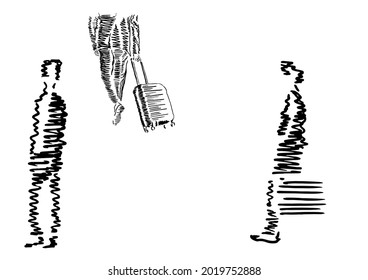 Expectation. Three people at an airport or railway station. Original hand drawing of dynamic scene on the subject of travel, meeting, seeing off, vacation, leisure or recreation.