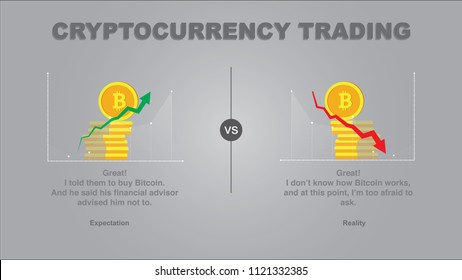 Expectation vs Reality cryptocurrency trading. What do you think is buying cryptocurrency vs what it really is. Chart going up vs chart going down. Losing money fast on the slope.