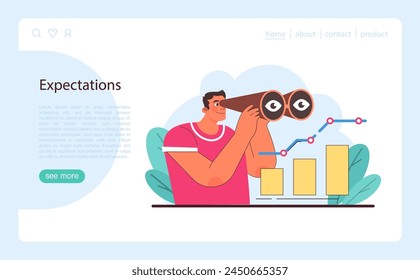 Expectations concept. Focused analysis on business growth trends with a futuristic outlook for stakeholder objectives. Flat vector illustration.