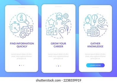 Expectations from content blue gradient onboarding mobile app screen. Comfort walkthrough 3 steps graphic instructions with linear concepts. UI, UX, GUI template. Myriad Pro-Bold, Regular fonts used