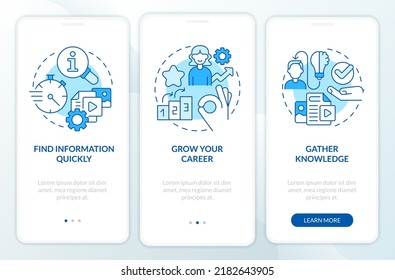 Expectativas de la pantalla de aplicaciones móviles en el submarino azul de contenido. Recorrido de usuario 3 pasos instrucciones gráficas editables con conceptos lineales. UI, UX, plantilla GUI. Multitud de tipos de letra Pro-Bold, con uso regular