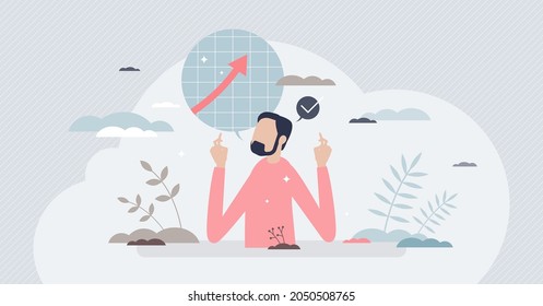 Expectations As High Hope And Belief For Future Progress Tiny Person Concept. Evaluate Success Or Development With Positive Imagination Vector Illustration. Forecast Or Anticipation With Probable Plan