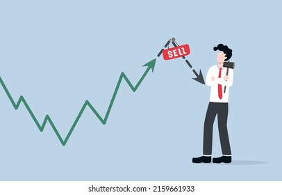 Expected stock market price to sell for making profit, investment trading decision concept. Confident investor putting tag with word SELL over latest stock graph due to highest price belief.