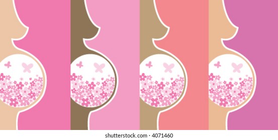 Expecting a baby GIRL (vector) - conceptual illustration of 4 pregnant women in various skin tones