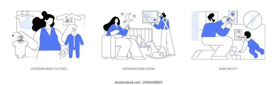 Expecting a baby isolated cartoon vector illustrations set. Woman choosing infant clothes, parents design childrens room, future father puts safety plugs at home, get ready for child vector cartoon.