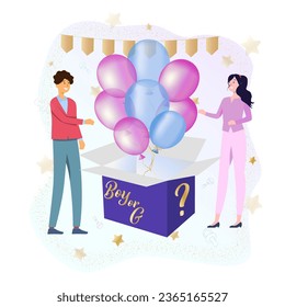 Expecting a child, boy or girl. Colorful pink and blue balls fly out of the box. Vector