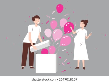 Expecting a child, boy or girl. Colorful pink balls fly out of the box. Gender reveal party