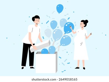 Expecting a child, boy or girl. Colorful blue balls fly out of the box. Gender reveal party