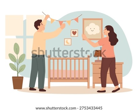 Expecting couple decorating a nursery for their baby. Pregnant woman and her partner hanging garland above the crib, creating a warm and cozy room for the newborn. Flat cartoon illustration with soft colors, family bonding, anticipation, maternity and parenthood preparation. Perfect for blogs, articles, pregnancy resources and parenting content