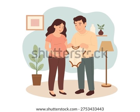 Expecting couple preparing for their baby at home. Pregnant woman holding her belly while her partner shows a baby onesie. Cozy interior scene with warm colors, family bonding, anticipation, maternity and parenthood theme. Flat cartoon illustration perfect for blogs, articles, pregnancy resources and parenting content.