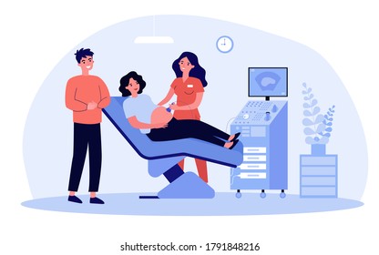 Expecting couple visiting doctor for ultrasound test. Sonographer using scanner for pregnant woman examination. Vector illustration for sonography, pregnancy, consultation concept