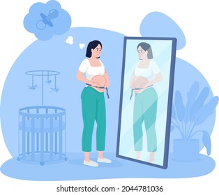 Expecting mom 2D vector isolated illustration. Pregnant woman looking in mirrior. Lady measuring baby belly. Young future parent flat character on cartoon background. Pregnancy colourful scene