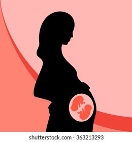 Expecting mother. Black silhouette of pregnant woman, pink background. Multiple pregnancy. Monozygotic twins (embryos). Illustration for web or typography magazine, brochure, flyer, poster