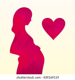 Expecting mother. Deep red silhouette of pregnant woman. Watercolor design element for pregnancy theme. Maternity, motherhood, baby.