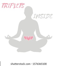 Expecting Mother Silhouette In Yoga Pose In Multiple Pregnancy With Triplets Isolated On White Background. Flat Style