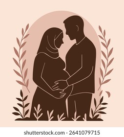 Expecting Muslim Couple – Minimalist Silhouette Illustration with Foliage