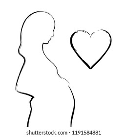 Expecting pregnant mother. Black outline, white background. Design element for pregnancy theme. Vector illustration.