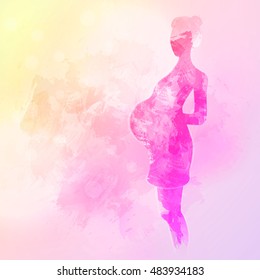 Expecting (pregnant) mother. Watercolor design element for pregnancy theme woman silhouette.