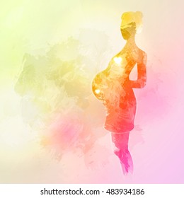 Expecting (pregnant) mother. Watercolor design element for pregnancy theme woman silhouette.