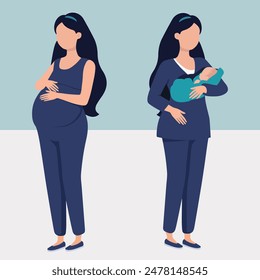 Expecting pregnant woman and woman with newborn - cute cartoon concept illustration of a pregnancy and maternity. Vector illustration