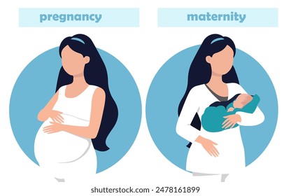 Expecting pregnant woman and woman with newborn - cute cartoon concept illustration of a pregnancy and maternity. Vector illustration