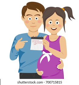 Expecting young parents pointing to calendar
