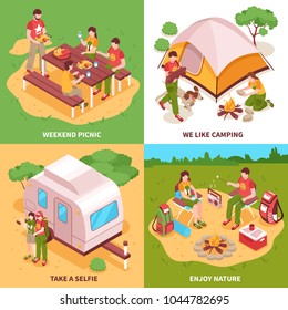 Expedition 4 isometric icons square concept with camping tent caravan picnic in meadow selfie isolated vector illustration 