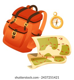 Expedition accessories, travel equipment, hiking backpack, map, compass. The concept of active recreation, summer camp in retro style. Trekking, hiking. Vector illustration on a white background.