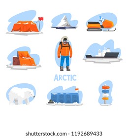 Expedition to the Arctic set, polar explorer, research station, snowmobile, ice breaker, crossroad direction post vector Illustration on a white background