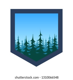 Expedition Badge with Forest under blue sky, Vector illustration