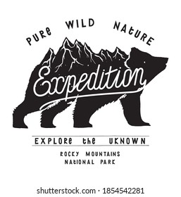 Expedition bear print. Hikink typography print with a bear and mountain range. Vintage outdoor sports t-shirt print illustration.