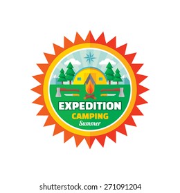 Expedition camping summer - badge illustration in flat style. Adventure sign. Vector logo template. Design element.