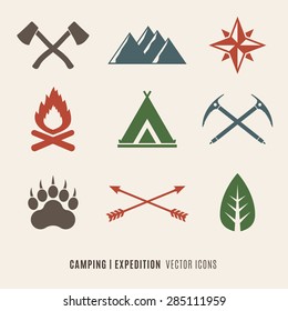 Expedition, Camping, Wilderness symbols set