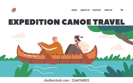 Expedition Canoe Travel Landing Page Template. Happy Indigenous Indian American Kids Rowing on Kayak by River. Children Characters Wear Native Costumes on Boat. Cartoon People Vector Illustration