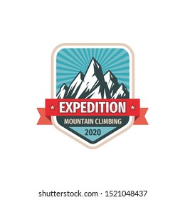 Expedition - concept badge design. Mountains climbing creative logo. Adventure outdoors emblem. Vector illustration. 