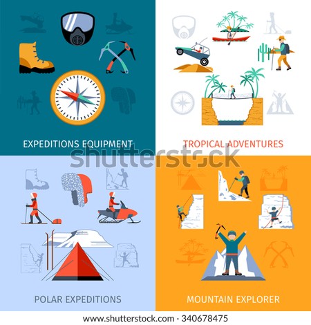 Expedition design concept set with explorer equipment isolated vector illustration
