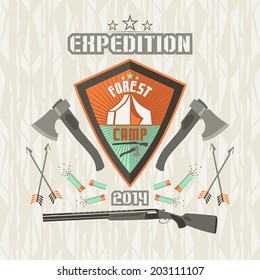 Expedition emblem forest camp in flat style and bright colors