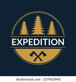 Expedition emblem or logo. Forest label. Camp, outdoor adventure design concept. Vector illustration.