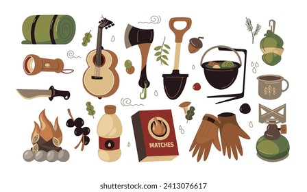 Expedition equipment. Cartoon trekking and hiking tools and stuff, mountain camping accessories, doodle vacation and survival tools. Vector set of expedition equipment for adventure illustration