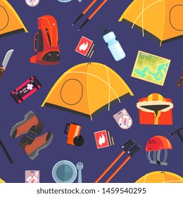 Expedition Equipment Seamless Pattern, Camping and Mountaineering Accessories, Design Element Can Be Used for Wallpaper, Packaging, Background Vector Illustration