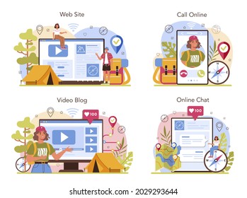 Guía de expedición de servicio en línea o conjunto de plataformas. Turistas haciendo senderismo, haciendo carpa. Viajes y aventuras en la naturaleza. Chat en línea, llamada, video blog, sitio web. Ilustración vectorial plana