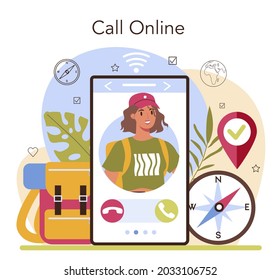 Expedition Guide online Service oder Plattform. Touristen wandern, Zelt bauen. Reisen und Abenteuer auf der Natur. Online-Anruf. Flache Vektorgrafik