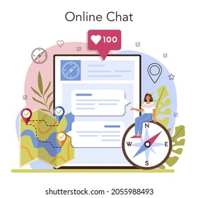 Expedition Guide online Service oder Plattform. Touristen wandern, Zelt bauen. Reisen und Abenteuer auf der Natur. Online-Chat. Flache Vektorgrafik