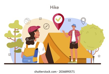 Expedition guide. Tourists hiking, making tent and sitting at the campfire. Travel and adventure on the nature. Nature expedition. Flat vector illustration