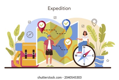 Expedition guide. Tourists hiking, making tent and sitting at the campfire. Travel and adventure on the nature. Nature expedition. Flat vector illustration