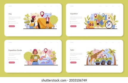 Expedition guide web banner or landing page set. Tourists hiking, making tent and sitting at the campfire. Travel and adventure on the nature. Safari expedition. Flat vector illustration
