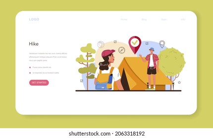 Expedition guide web banner or landing page. Tourists hiking, making tent and sitting at the campfire. Travel and adventure on the nature. Nature expedition. Flat vector illustration