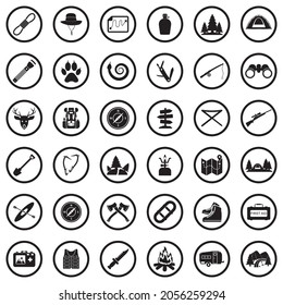 Expedition Icons. Black Flat Design In Circle. Vector Illustration.