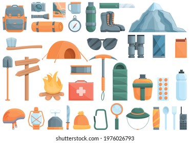 Expedition icons set. Cartoon set of expedition vector icons for web design